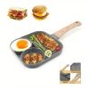 1pc Fry Pan For Egg, Non Stick Ham Pancake Maker, Egg Burger Pan With Wooden Handle, 4 Holes, For Induction Cooker Gas Stove - 1pc