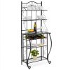 5-Tier Metal Kitchen Bakers Rack ;  Microwave Storage Rack Oven Stand with Wine Storage Organizer Workstation Black (25" x 16" x 68") - As Pictures