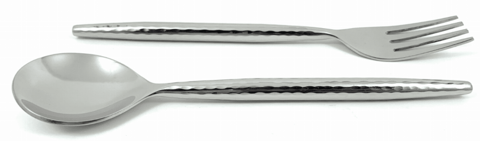 Vibhsa Stainless Steel Appetizer forks and Soup Spoons Set of 8 Pieces (Hammered, Silver Glossy) (Color: Silver, size: Service for 4)
